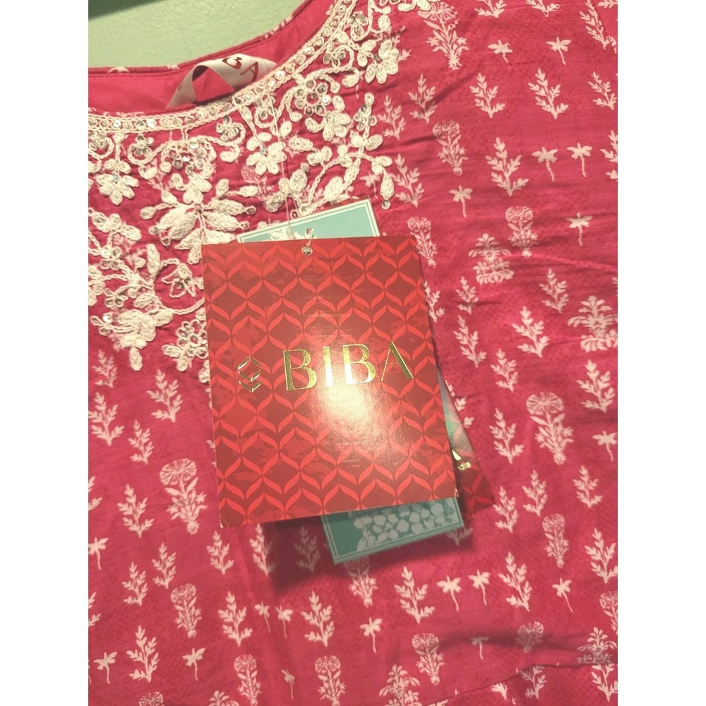 New Biba Fushcia Pink Kurta Ehnic 3/4 Sleeve Embroidered Midi Dress 34/M - Picture 6 of 9